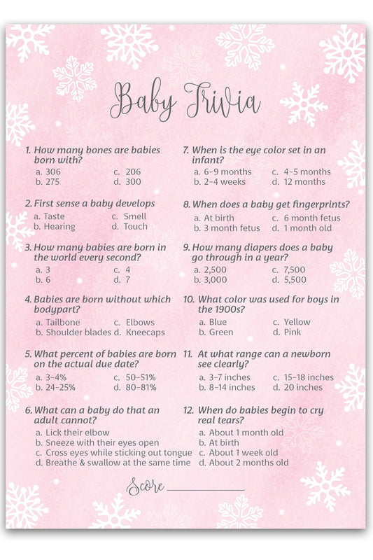 Snowflakes Baby Trivia Baby Shower Game • Pack of 25 • Pink Winter Wonderland Theme