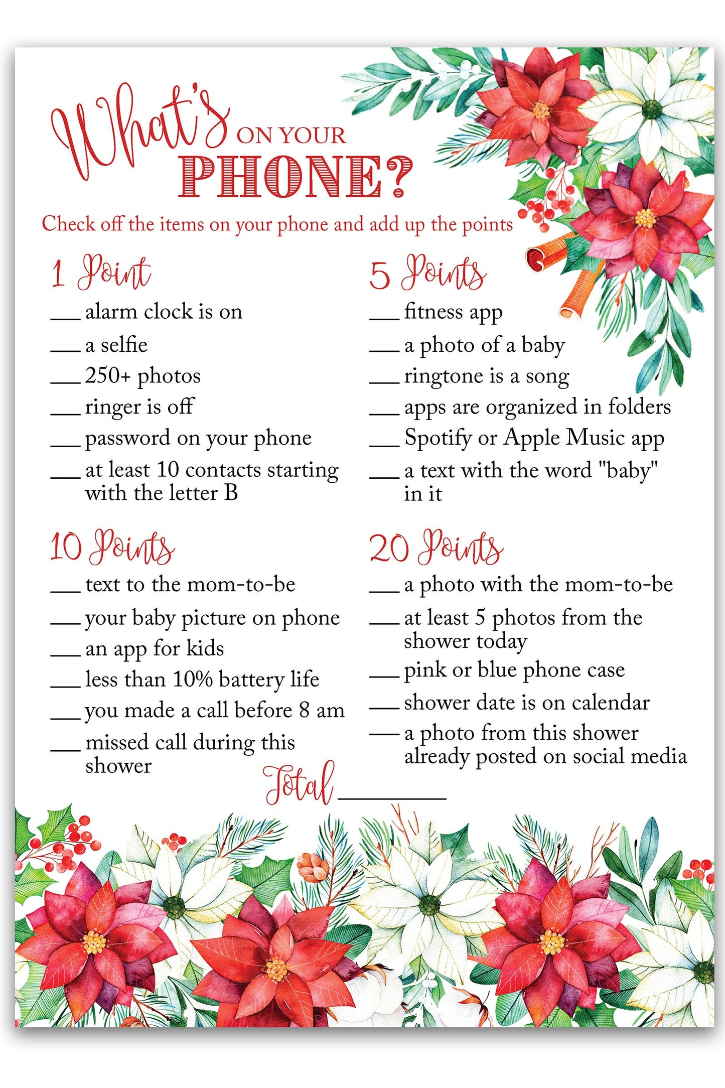 Christmas Baby Shower Game – “What’s On Your Phone?” – Pack of 25 Cards – Fun Holiday Baby Shower Activity for Winter or Xmas Parties