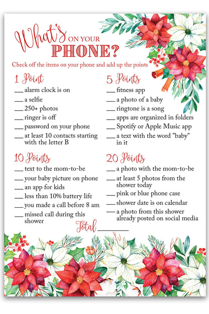 Christmas Baby Shower Game – “What’s On Your Phone?” – Pack of 25 Cards – Fun Holiday Baby Shower Activity for Winter or Xmas Parties