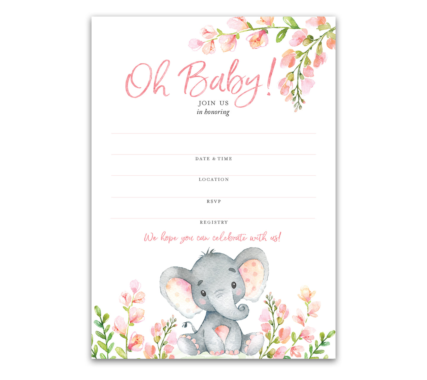 Oh Baby Floral BABY GIRL Blank Fill-in Baby Shower INVITES - Pack of 25