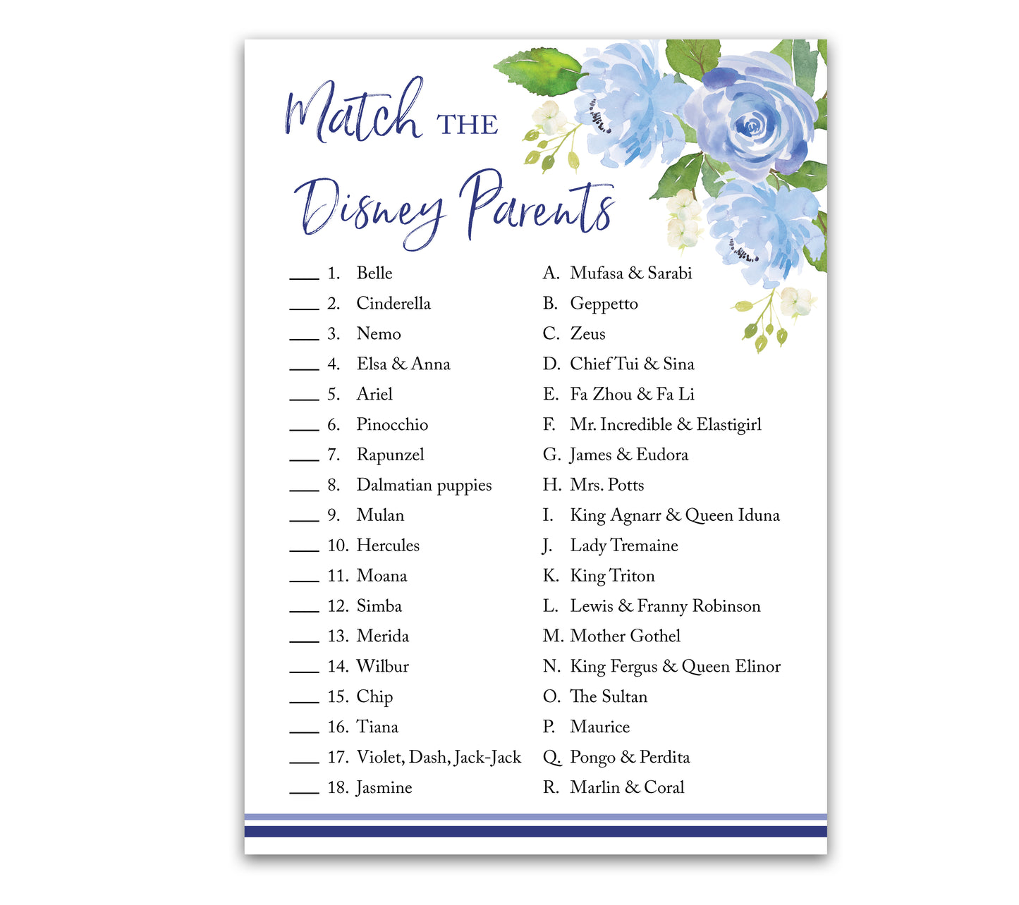 Blue Floral Garden Boy Baby Shower Game - Disney Parent Match • SET of 25