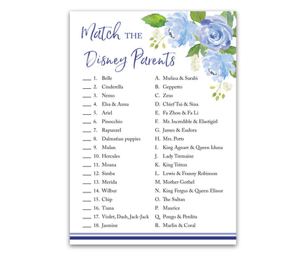 Blue Floral Garden Boy Baby Shower Game - Disney Parent Match • SET of 25