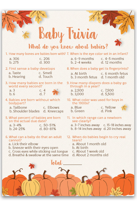 Little Pumpkin Baby Shower Trivia Game — Pack of 25 — Fall Baby Shower Game, Gender Neutral Autumn Activity