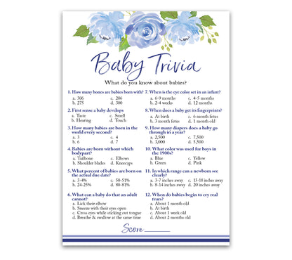 Blue Floral Garden Boy Baby Shower Game - Baby Trivia • SET of 25