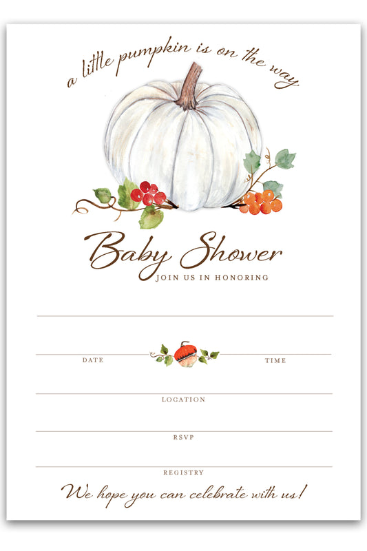 Little Pumpkin Baby Shower Invitations — Set of 25 — Elegant White Pumpkin Design