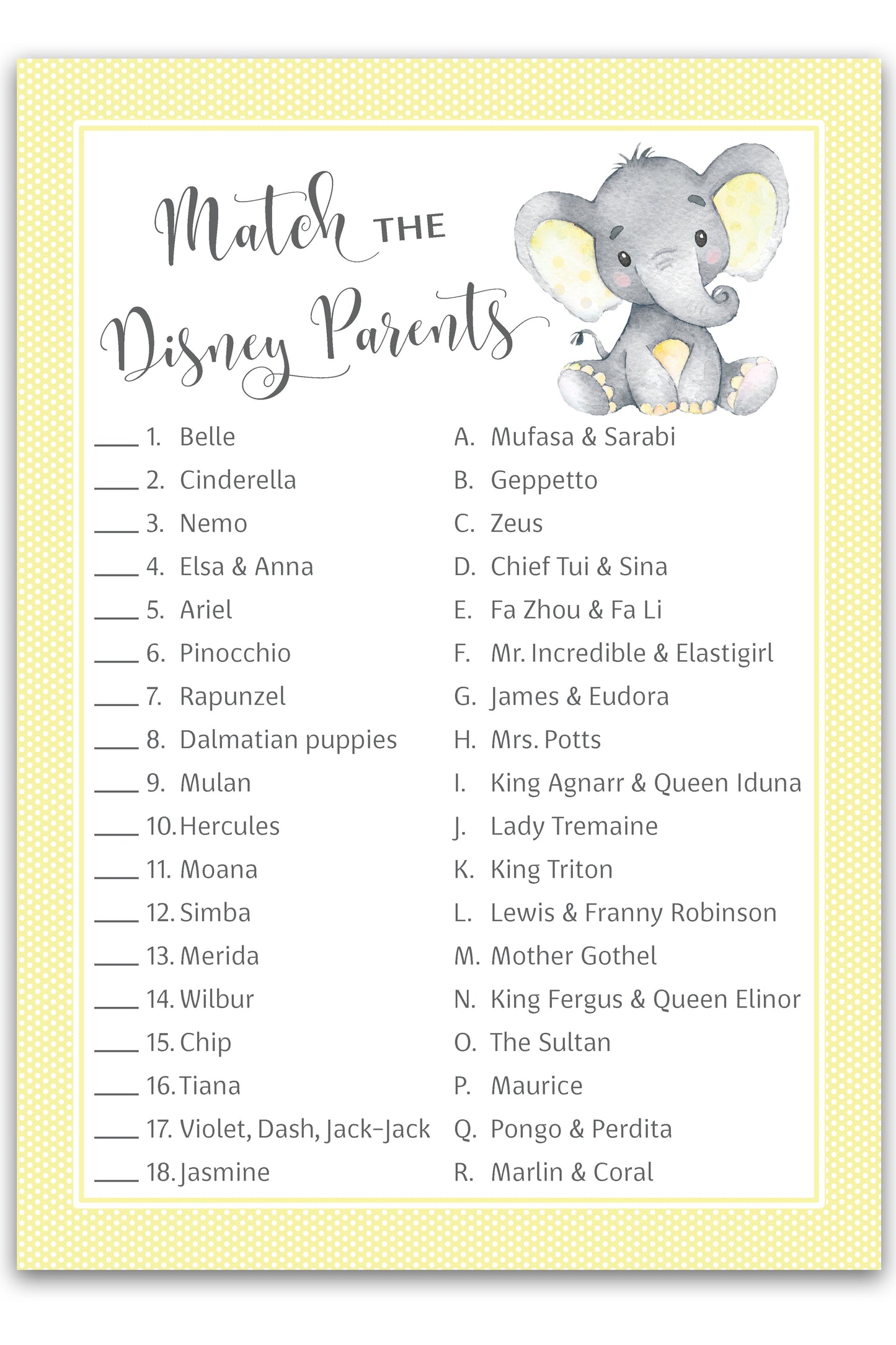 Yellow Elephant Little Peanut Theme Baby Shower Game • Disney Parent Match • SET of 25 • Gender Neutral