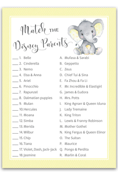 Yellow Elephant Little Peanut Theme Baby Shower Game • Disney Parent Match • SET of 25 • Gender Neutral