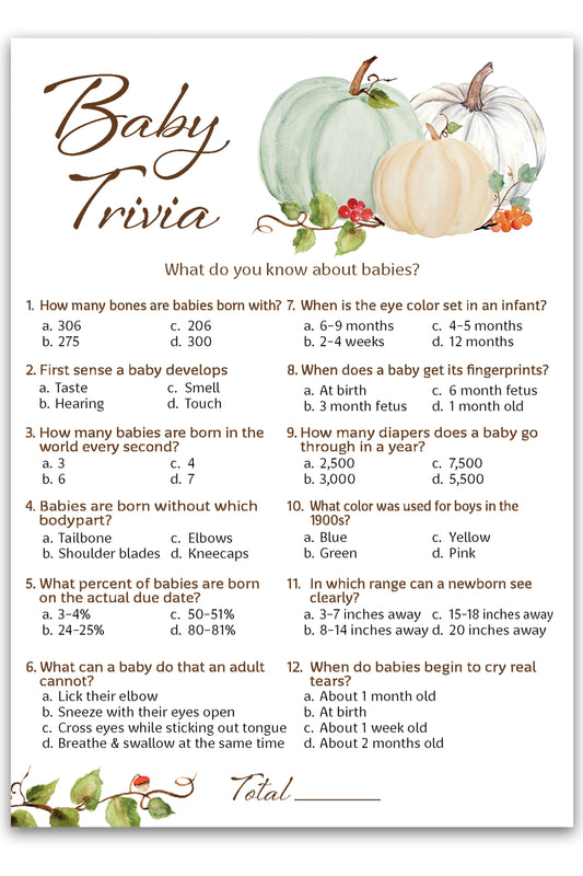 White Pumpkins Baby Shower Trivia Game — Pack of 25 — Fall Gender Neutral Little Pumpkin Activity