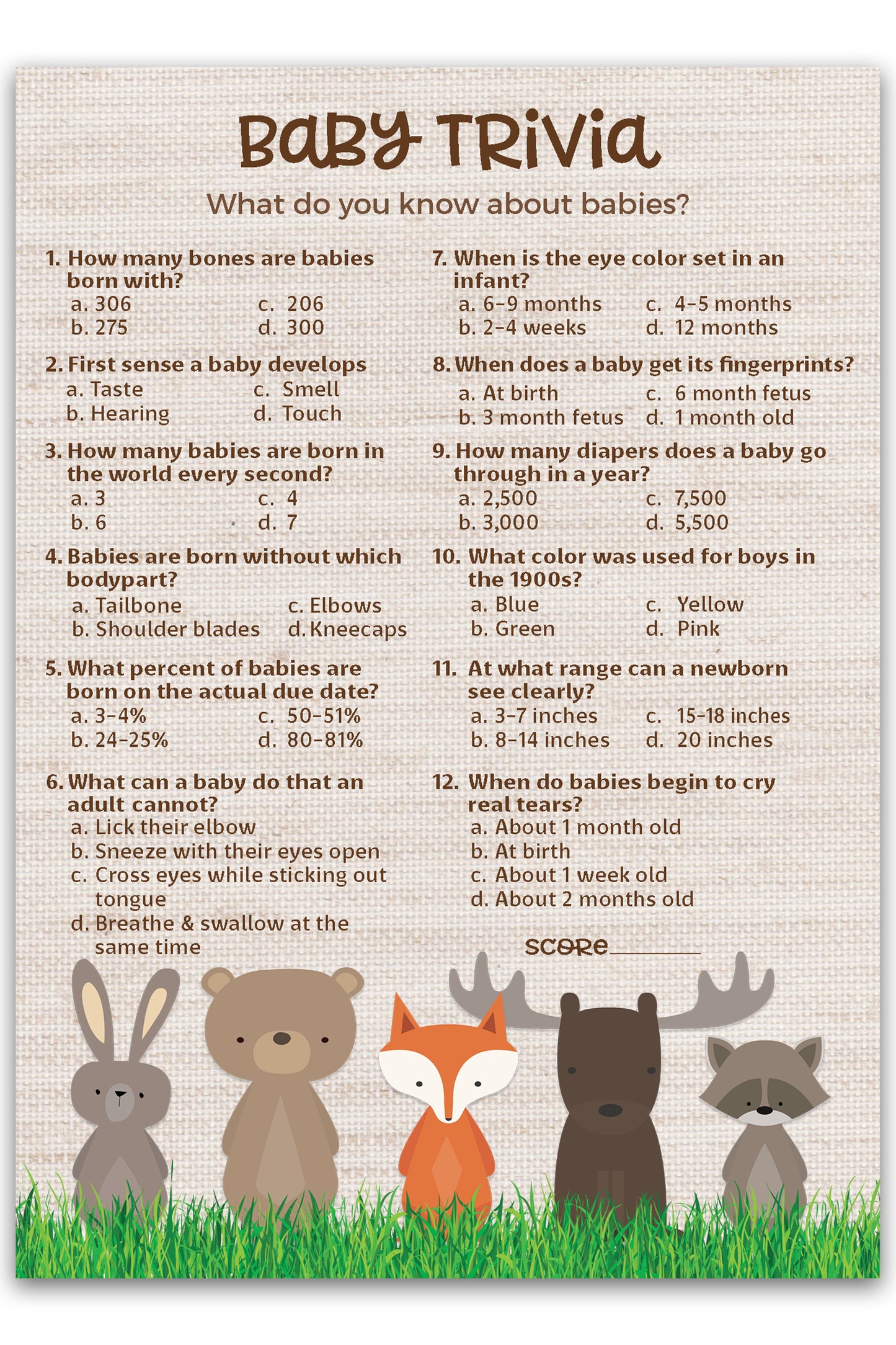 Woodland Animals Baby Shower Game - Baby Trivia • SET of 25
