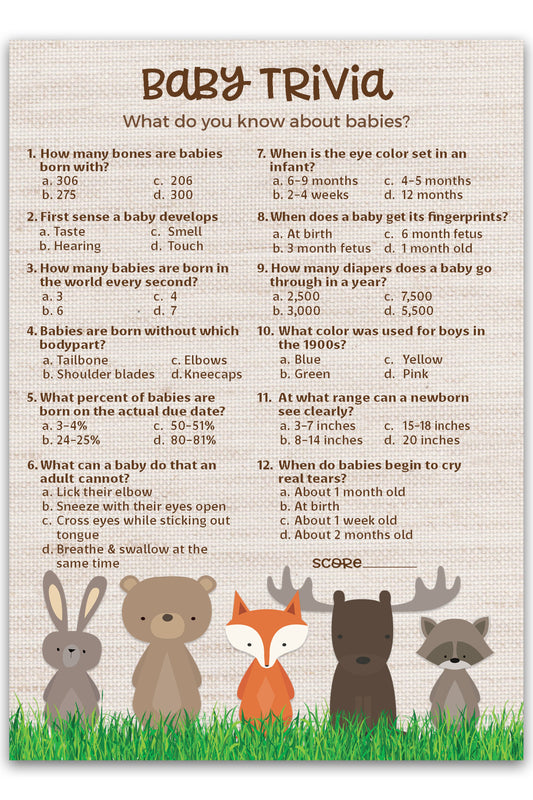 Woodland Animals Baby Shower Game - Baby Trivia • SET of 25