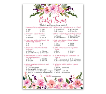 Floral Girl Baby Shower Game - Baby Trivia • SET of 25