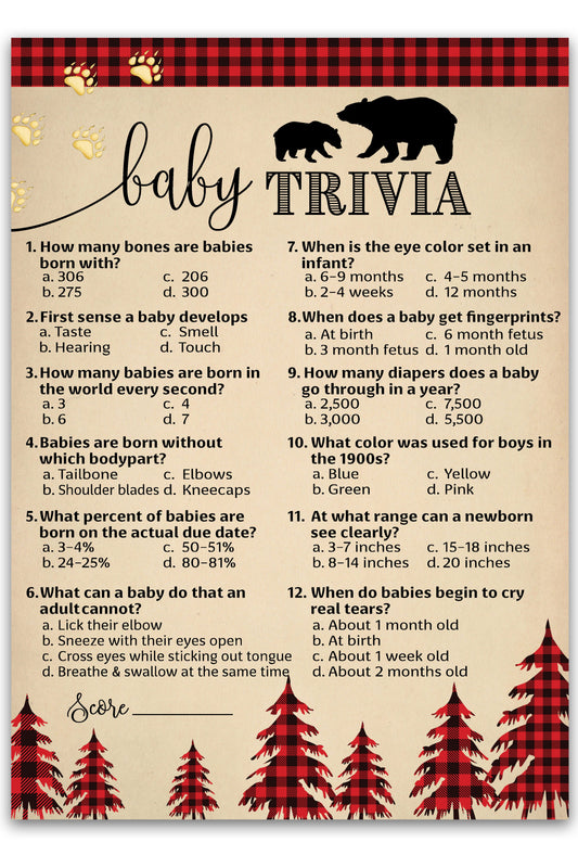 Baby trivia game card with red plaid border, bear illustrations, and tree designs on a beige background.
