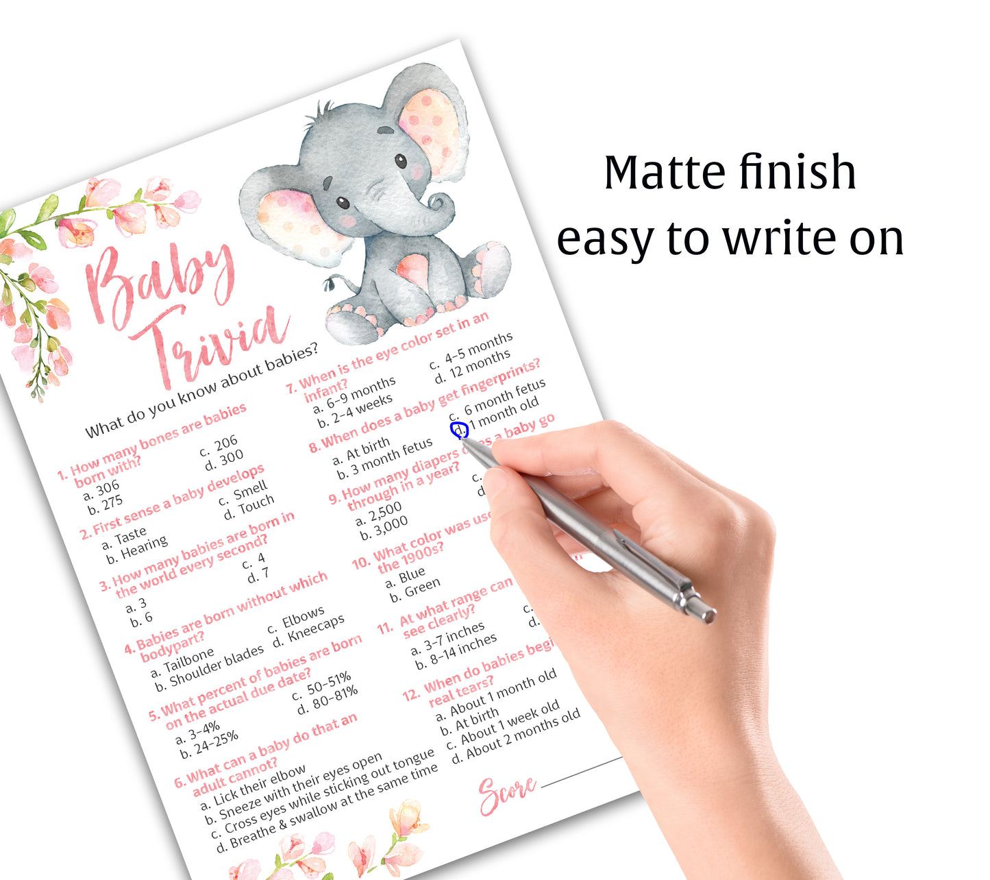 Pink Elephant Floral Girl Baby Shower Game - Baby Trivia • SET of 25