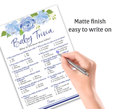 Blue Floral Garden Boy Baby Shower Game - Baby Trivia • SET of 25