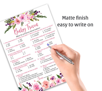 Floral Girl Baby Shower Game - Baby Trivia • SET of 25
