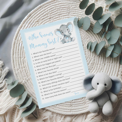 Blue Elephant Baby Shower Game - Who Knows Mommy Best • SET of 25