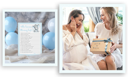 Blue Elephant Baby Shower Game - Who Knows Mommy Best • SET of 25
