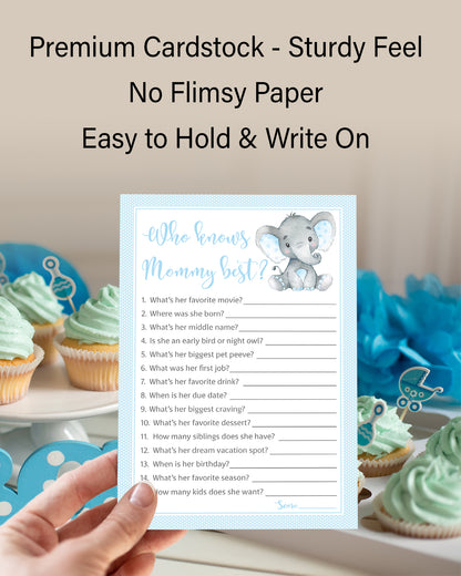 Blue Elephant Baby Shower Game - Who Knows Mommy Best • SET of 25