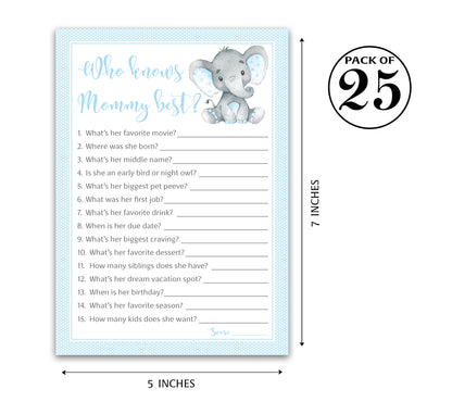 Blue Elephant Baby Shower Game - Who Knows Mommy Best • SET of 25