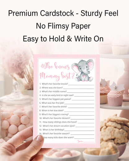 Pink Elephant Baby Shower Game - Who Knows Mommy Best • SET of 25