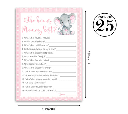 Pink Elephant Baby Shower Game - Who Knows Mommy Best • SET of 25