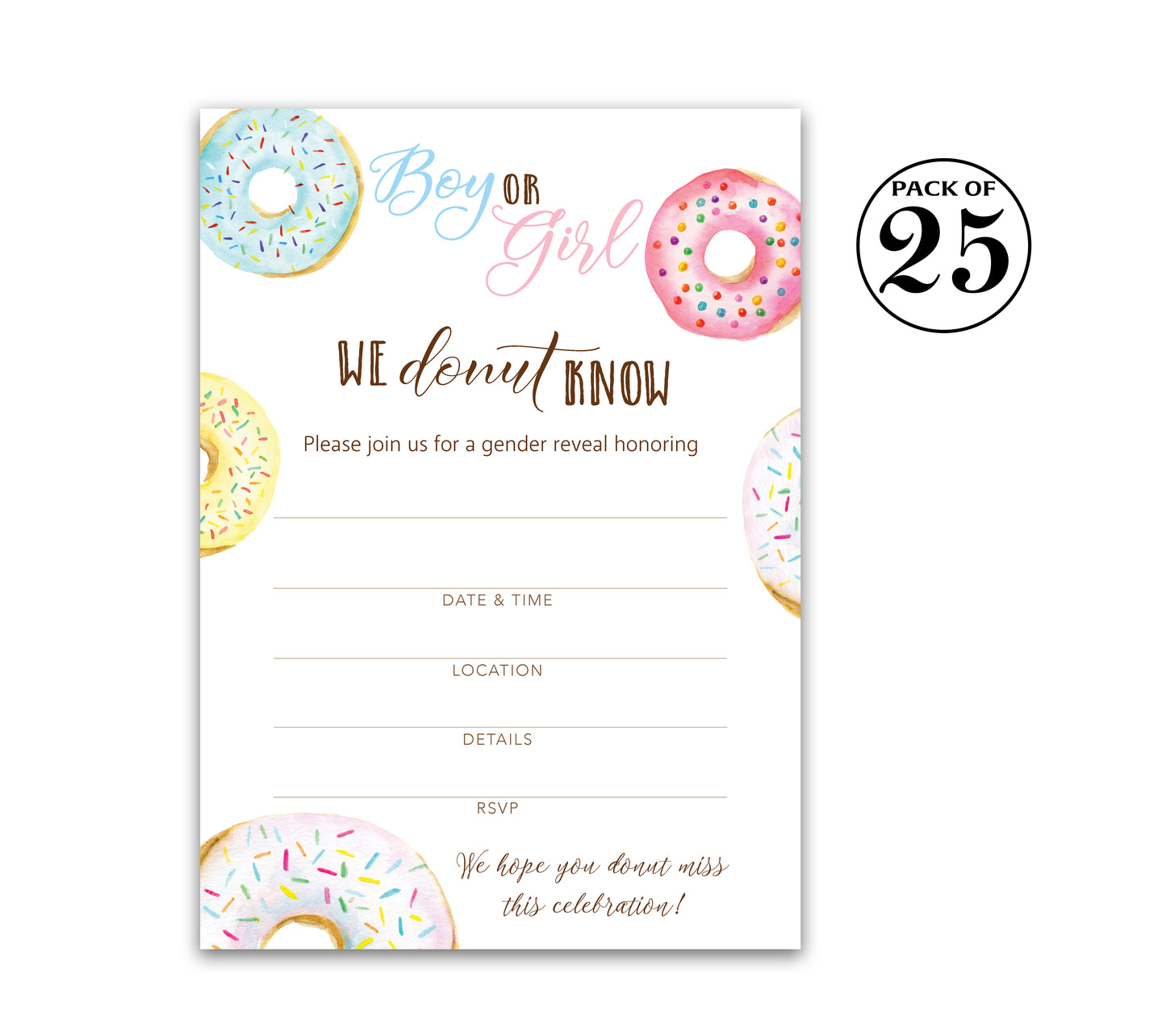 Donut Gender Reveal Baby Shower Party Invitations — Pack of 25