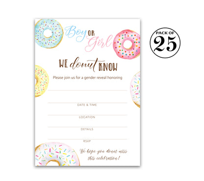 Donut Gender Reveal Baby Shower Party Invitations — Pack of 25