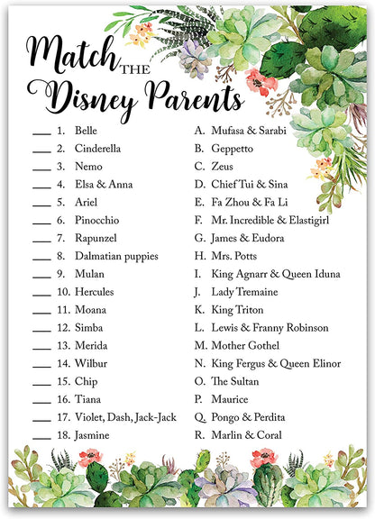 Floral Green Succulents Baby Shower Game - Disney Parent Match • SET of 25