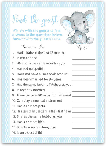 Blue Elephant Baby Shower Game - Find The Guest • SET of 25