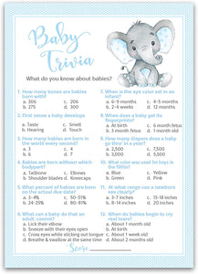 Blue Elephant Baby Shower Game - Baby Trivia • SET of 25