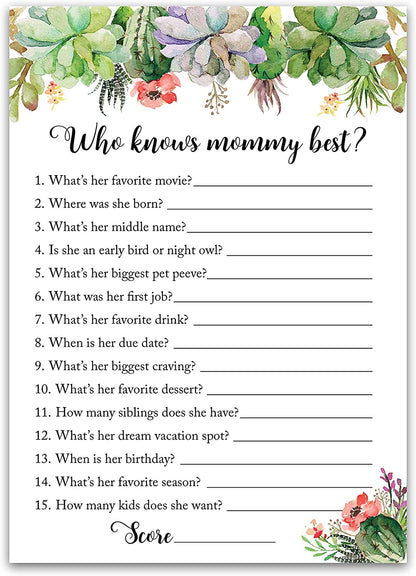 Floral Green Succulents Baby Shower Game - Who Knows Mommy Best • SET of 25
