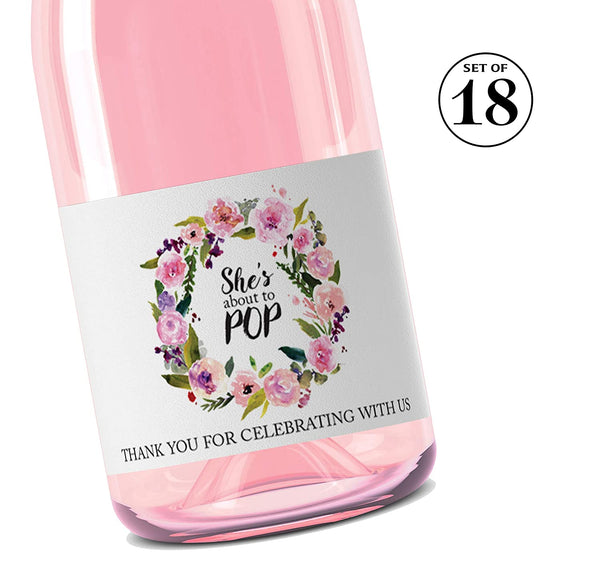 She's About To Pop • Pink Baby Shower Mini Champagne Labels • SET of 18