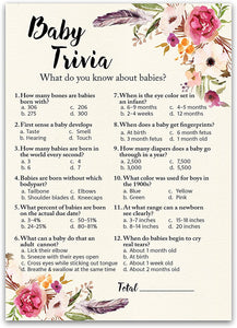 Floral Bohemian Baby Shower Game - Baby Trivia • SET of 25