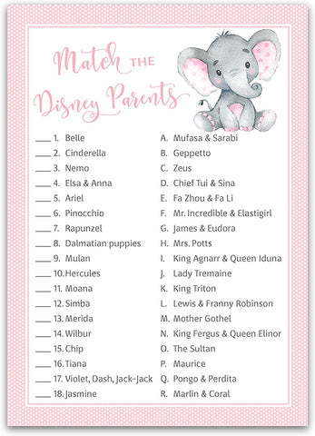 Pink Elephant Baby Shower Game - Disney Parent Match • SET of 25