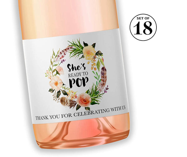 She's Ready To Pop • Bohemian Baby Shower Mini Champagne Labels • SET of 18