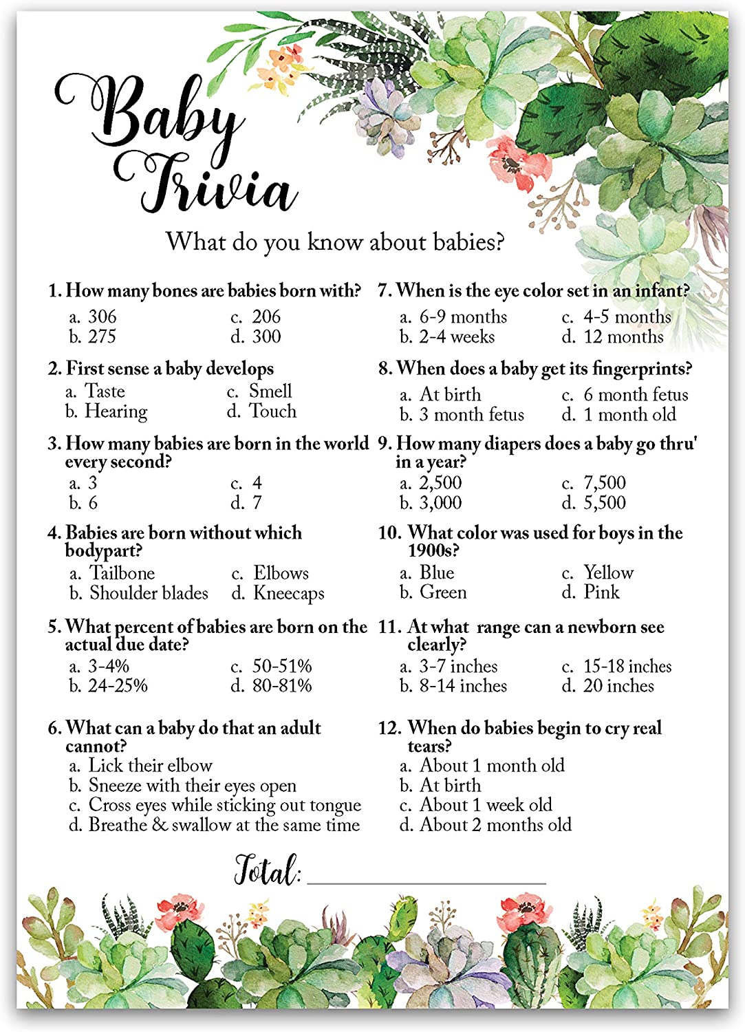 Floral Green Succulents Baby Shower Game - Baby Trivia • SET of 25