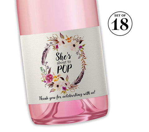 She's Ready To Pop • Bohemian Pink Baby Shower Mini Champagne Labels • SET of 18