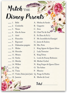 Floral Bohemian Baby Shower Game - Disney Parent Match • SET of 25