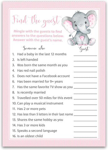 Pink Elephant Baby Shower Game - Find The Guest • SET of 25