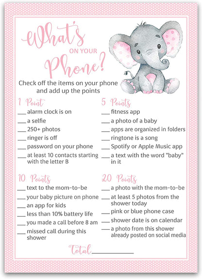 Pink Elephant Baby Shower Game - What's On Your Phone • SET of 25