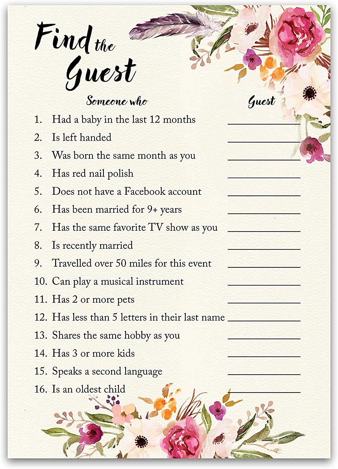 Floral Bohemian Baby Shower Game - Find The Guest • SET of 25