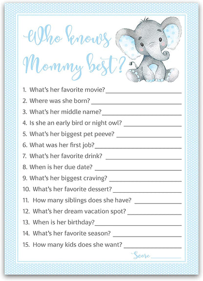 Blue Elephant Baby Shower Game - Who Knows Mommy Best • SET of 25