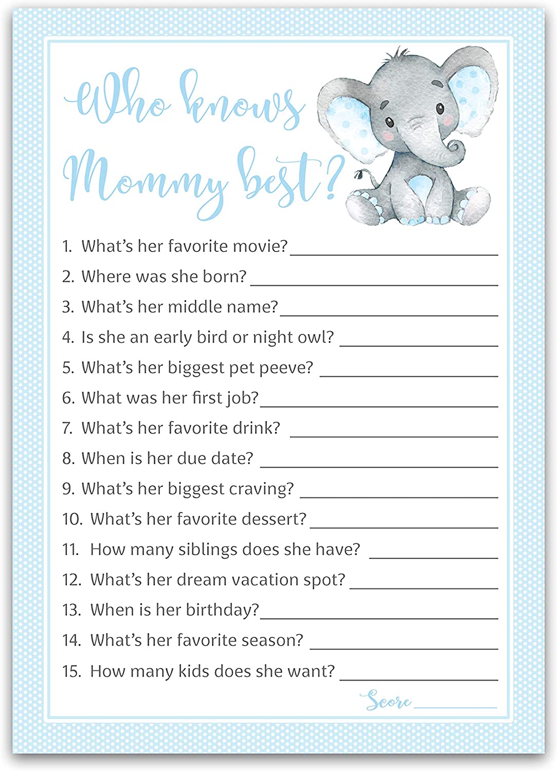 Blue Elephant Baby Shower Game - Who Knows Mommy Best • SET of 25