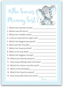 Blue Elephant Baby Shower Game - Who Knows Mommy Best • SET of 25