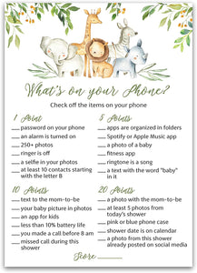 Safari Animals Baby Shower Game - What's On Your Phone • SET of 25
