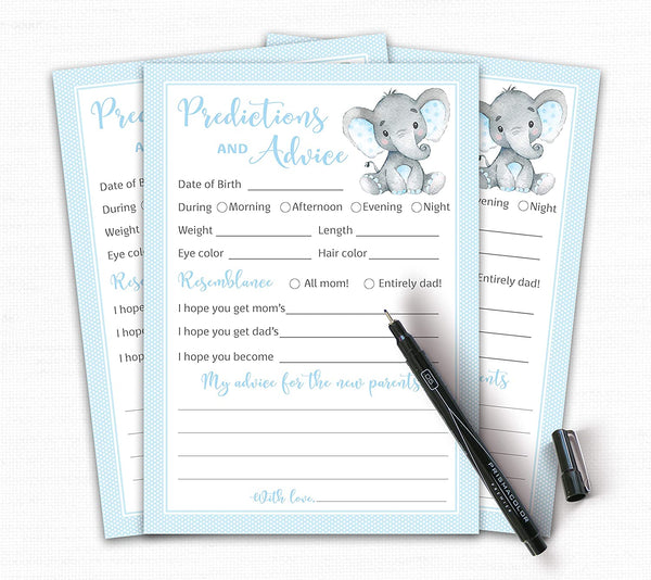 Blue Elephant Baby Shower Game - Predictions & Advice Cards • SET of 25