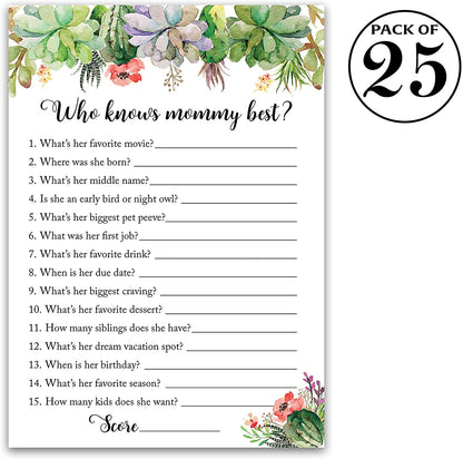 Floral Green Succulents Baby Shower Game - Who Knows Mommy Best • SET of 25