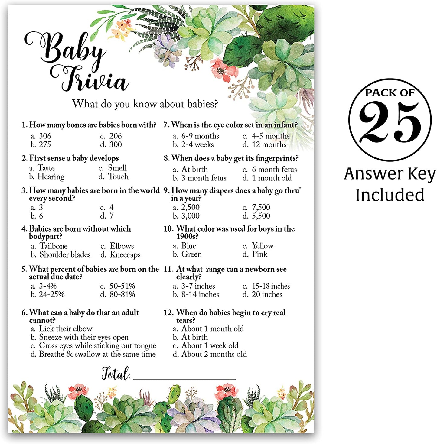 Floral Green Succulents Baby Shower Game - Baby Trivia • SET of 25
