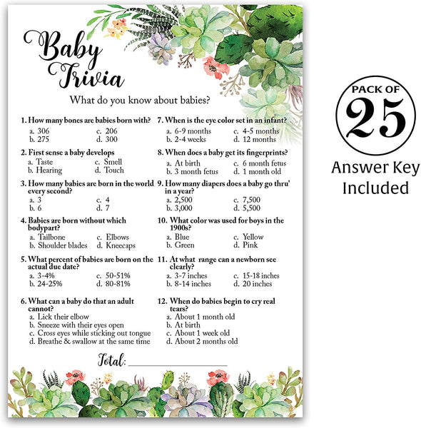Floral Green Succulents Baby Shower Game - Baby Trivia • SET of 25