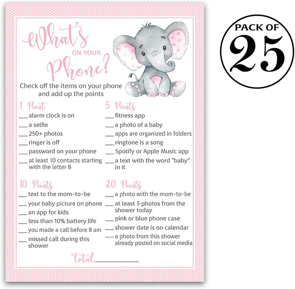 Pink Elephant Baby Shower Game - What's On Your Phone • SET of 25